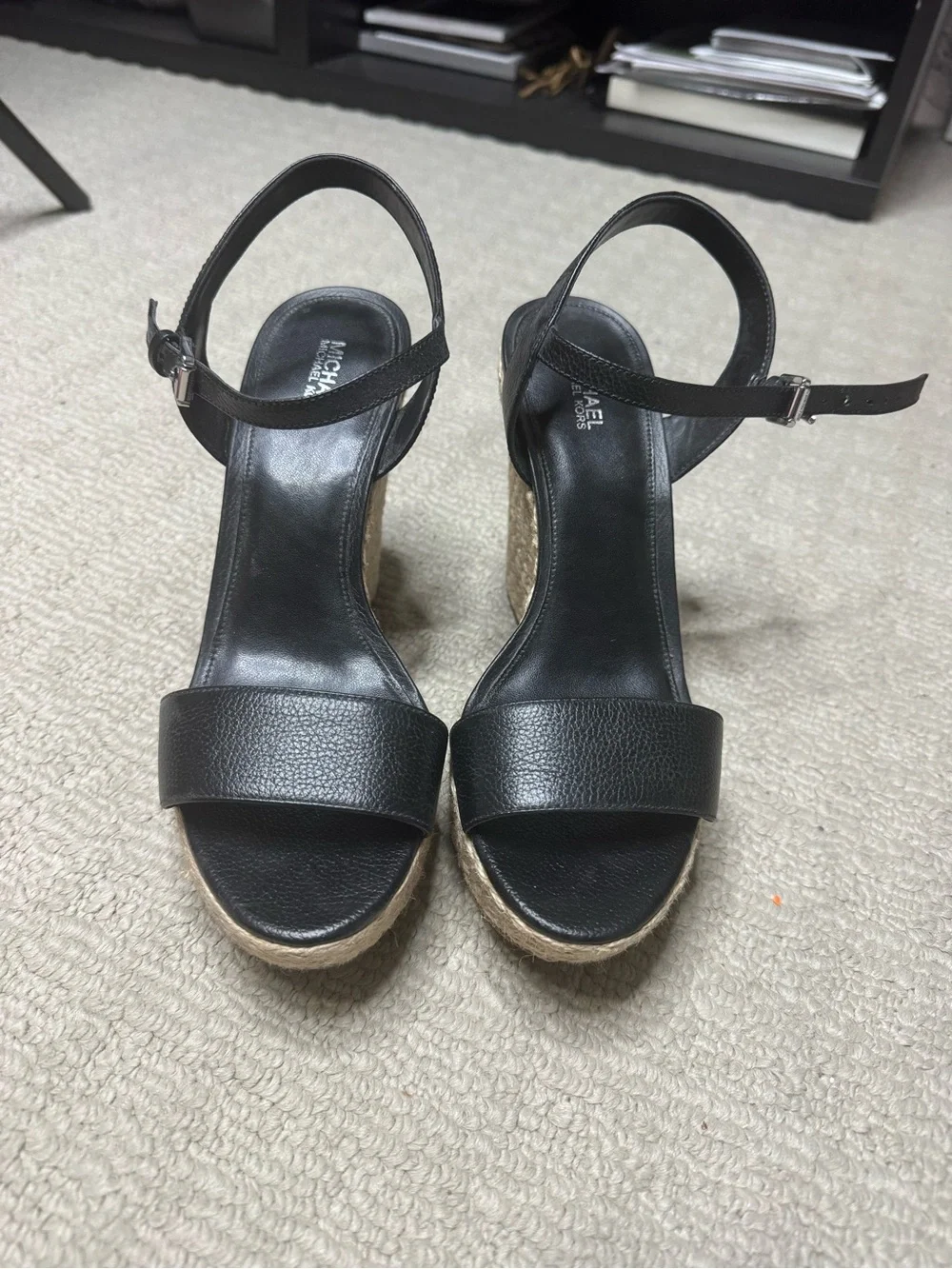 Michael Kors Black Leather Espadrille Wedge Sandals with Ankle Strap